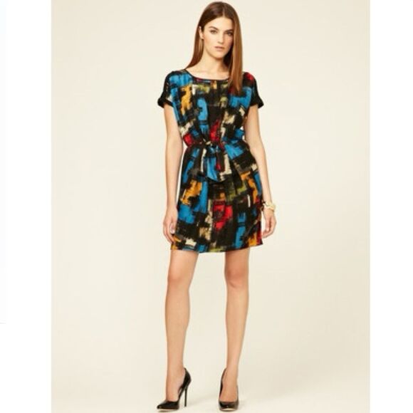 Cynthia Steffe Linen Silk blend colorful abstract print pleated dress size 6 - Picture 1 of 8